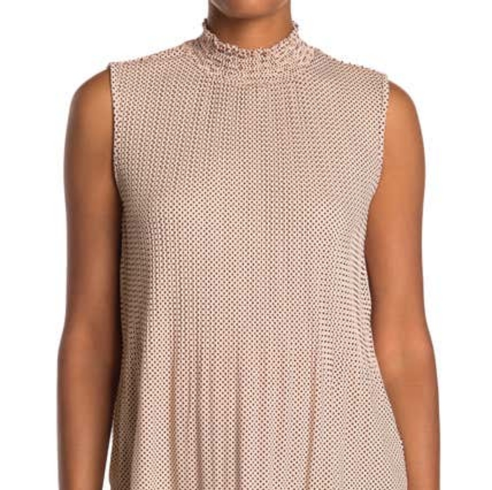 ADRIANNA PAPELL Champaign & Black Polka-dot Sleeveless Peplum Mock Neck Top